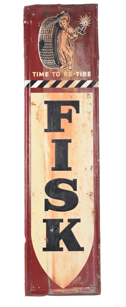 FISK TIRES EMBOSSED TIN VERTICAL SIGN. 