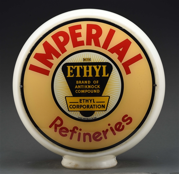 IMPERIAL REFINERIES 13-1/2" COMPLETE GLOBE ON WIDE MILK GLASS BODY.