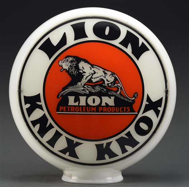 LION KNIX KNOX GASOLINE 13-1/2" SINGLE GLOBE LENS ON WIDE MILK GLASS BODY.