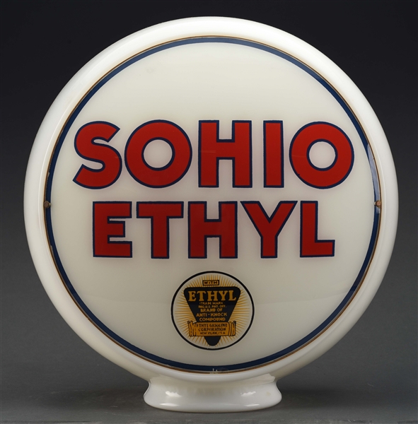 SOHIO ETHYL COMPLETE 13-1/2" GLOBE ON WIDE MILK GLASS BODY.