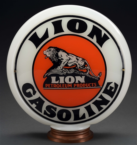 LION GASOLINE COMPLETE 13-1/2" GLOBE ON SCREW BASE MILK GLASS BODY.