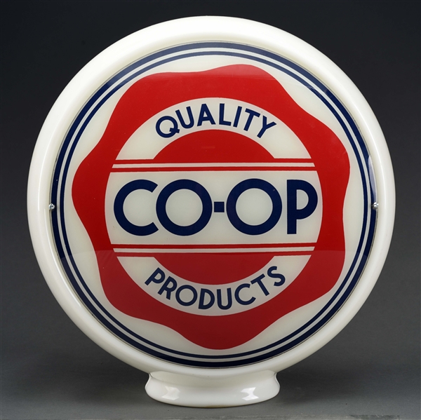 CO-OP QUALITY PRODUCTS SINGLE 13-1/2" GLOBE LENS ON WIDE MILK GLASS BODY.
