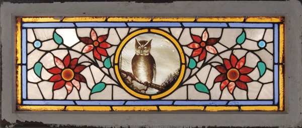 LEADED & STAINED GLASS OWL WINDOW                                                                                                                                                                       