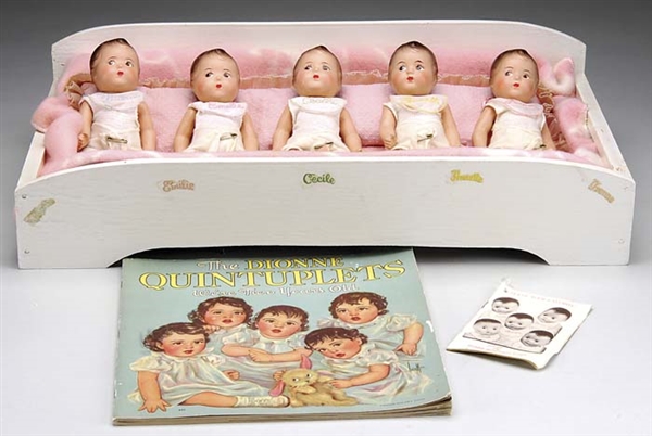 SET OF DION QUINTS W/ BOOK, CRIB & SHIPPING BOX                                                                                                                                                         