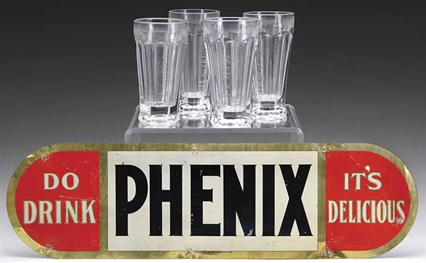 PHENIX TIN SIGN W/ 4 PHENIX GLASES                                                                                                                                                                      