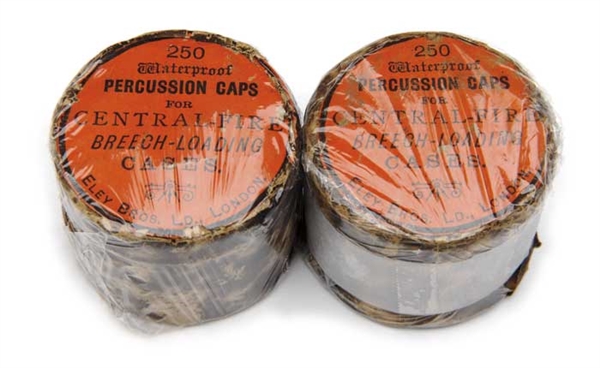 TWO ORANGE LABEL CAP TINS FOR THUER                                                                                                                                                                     