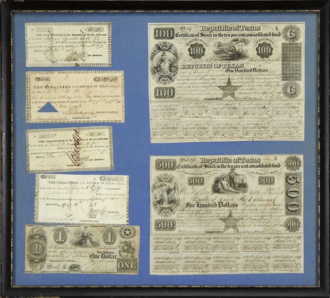3 FRAMED GROUPS REPUBLIC OF TEXAS CURRENCY & NOTES                                                                                                                                                      