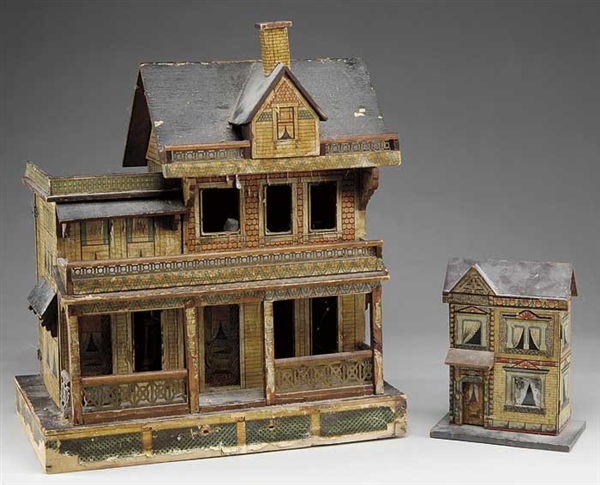 TWO PAPER ON WOOD DOLL HOUSES                                                                                                                                                                           