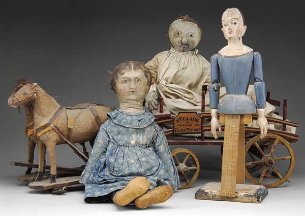 2 CLOTH DOLLS, WOODEN CAGE DOLL & HORSE WAGON                                                                                                                                                           