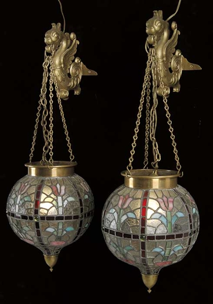 PAIR ILLUMINATED APOTHECARY LEADED GLASS GLOBES                                                                                                                                                         