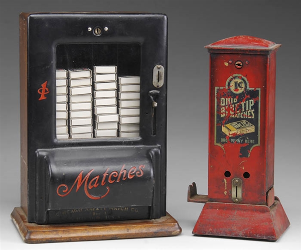 TWO EARLY ONE CENT MATCH DISPENSERS                                                                                                                                                                     