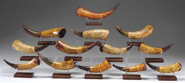 COLLECTION OF 13 ENGR. 18TH CENTURY POWDER HORNS                                                                                                                                                        