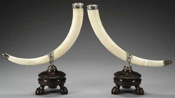 PR. SILVER MOUNTED ELEPHANT IVORY TUSKS W/STANDS                                                                                                                                                        
