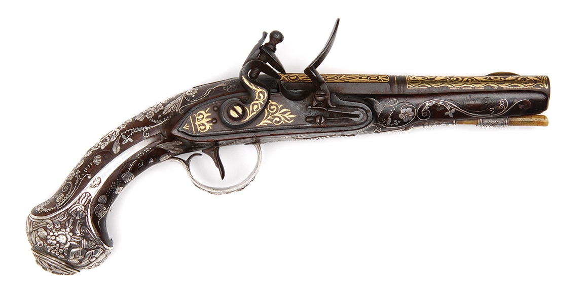 FLINTLOCK PISTOL W/GOLD & SILVER CAL ABOUT 54                                                                                                                                                           