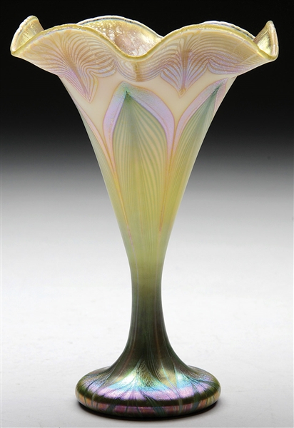 QUEZAL ART GLASS TRUMPET VASE                                                                                                                                                                           