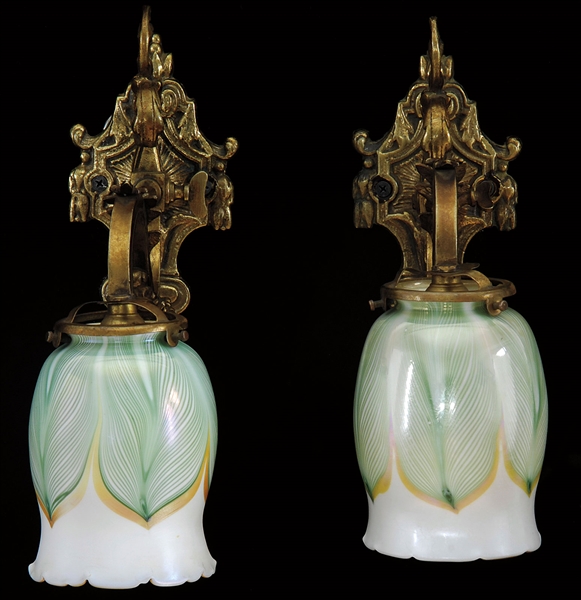 TWO SINGLE ART GLASS SHADE SCONCES                                                                                                                                                                      