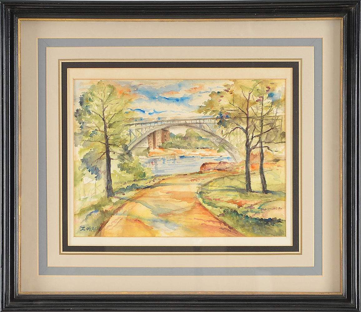 WILLIAM ZORACH WATERCOLOR, BRIDGE OVER RIVER                                                                                                                                                            