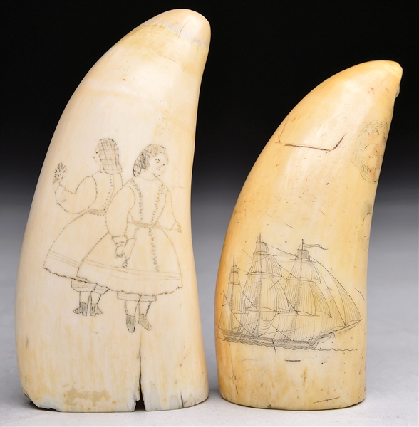 2 SCRIMSHAW TEETH - SISTERS & SHIP & BOQUET                                                                                                                                                             