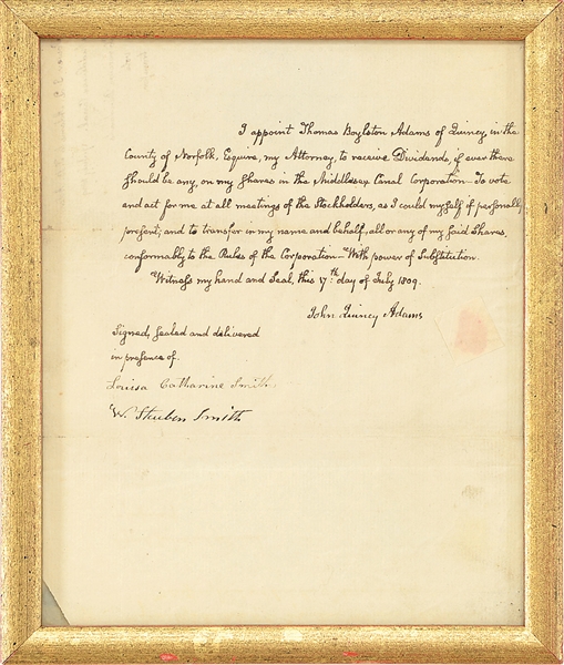 2 DOCUMENTS/ MIDDLESEX CANAL, SIGNED BY ADAMS                                                                                                                                                           