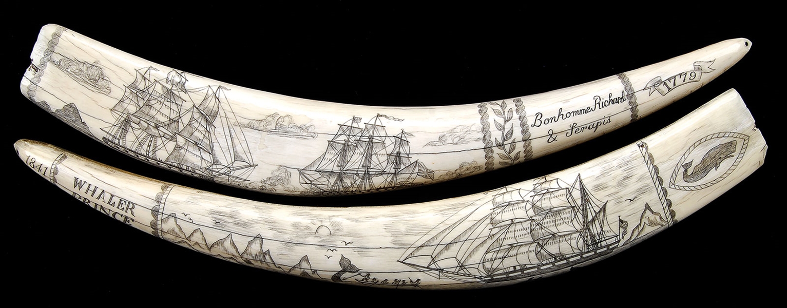 2 CARVED IVORY TUSKS                                                                                                                                                                                    