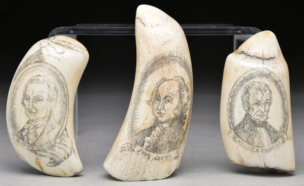 3 SCRIMSHAW TEETH: HARRISON, MONROE & ADAMS                                                                                                                                                             