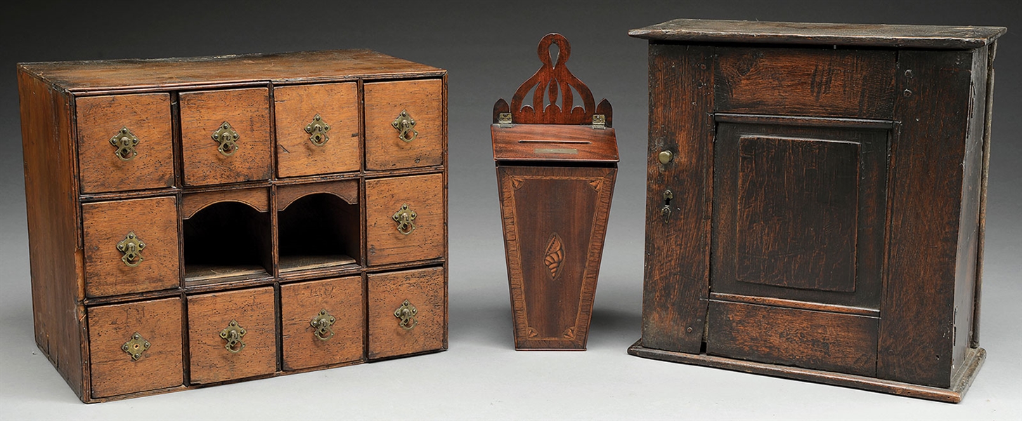 JACOBEAN OAK CABINET, MAHOG WALL BOX, & DESK INTER                                                                                                                                                      