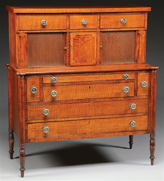 19TH C. TIGER MAPLE FED TAMBOUR SECRETARY                                                                                                                                                               