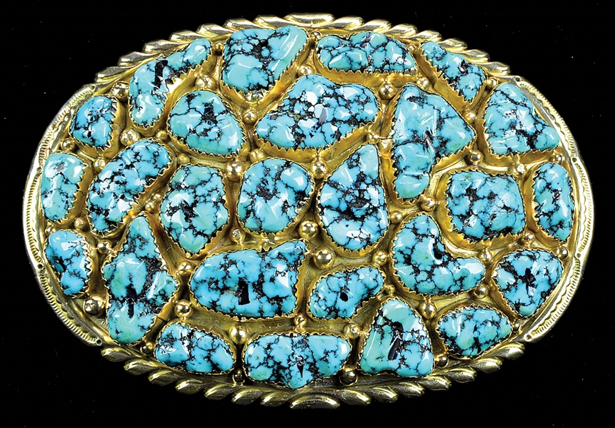 ZUNI TURQUOISE AND 14K BELT BUCKLE                                                                                                                                                                      