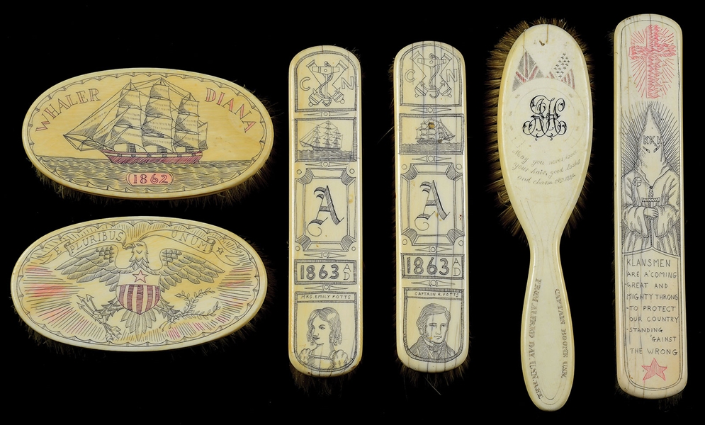 4 SCRIMSHAW HAIR BRUSHES                                                                                                                                                                                