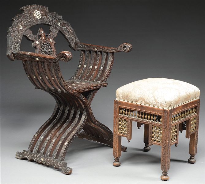 CARVED & INLAID ARMCHAIR & HASSOCK                                                                                                                                                                      