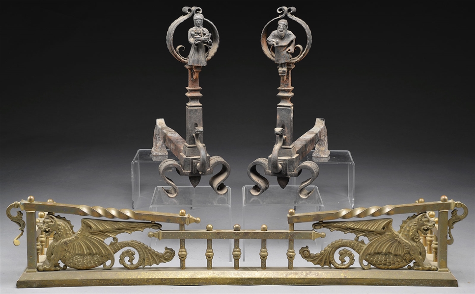 PR GOTHIC ANDIRONS & BRASS FENDER                                                                                                                                                                       