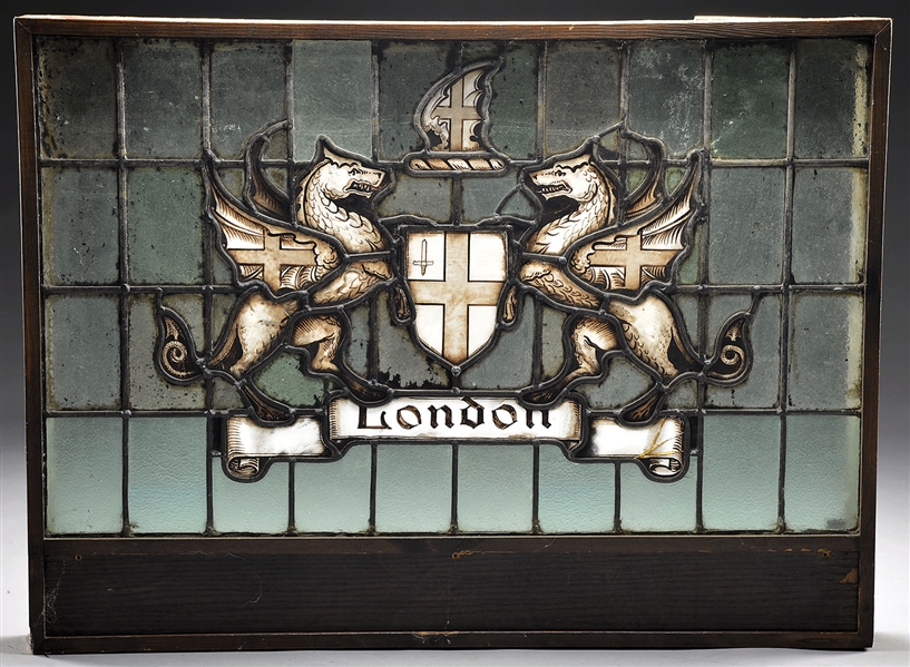 STAINED GLASS WINDOW "LONDON" W/ 2 GRIFFINS                                                                                                                                                             