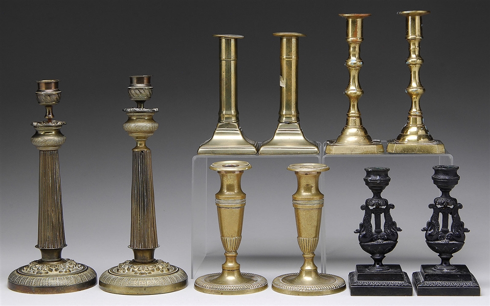 4-PR BRASS CANDLESTICKS W/ PR PERIOD STICKS                                                                                                                                                             