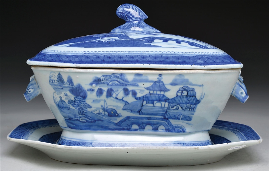 LG CHINESE BLUE CANTON SOUP TUREEN WITH STAND                                                                                                                                                           