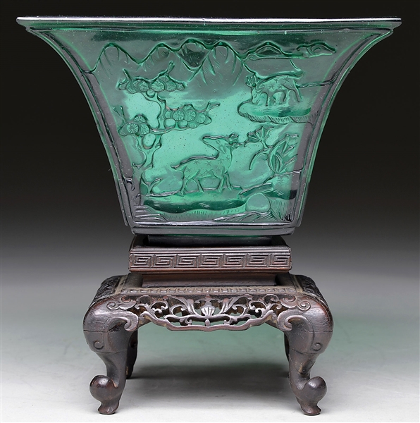 SQUARE GREEN CARVED GLASS BOWL W/ STAND                                                                                                                                                                 