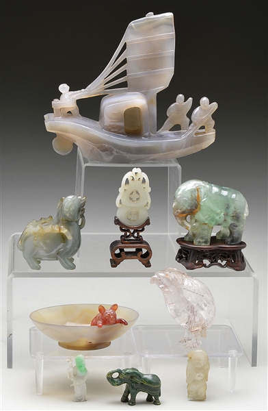 GROUP OF HARDSTONE & JADE CARVINGS                                                                                                                                                                      