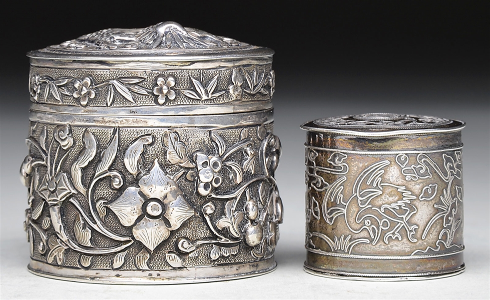 TWO SILVER OPIUM BOXES                                                                                                                                                                                  