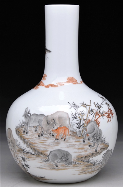 PORCELAIN VASE W/ WATER BUFFALOS                                                                                                                                                                        