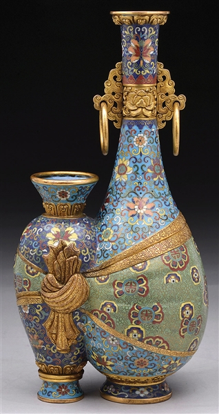 CLOISONNE ENAMELED DBL VASE W/ QIANLONG MARK                                                                                                                                                            