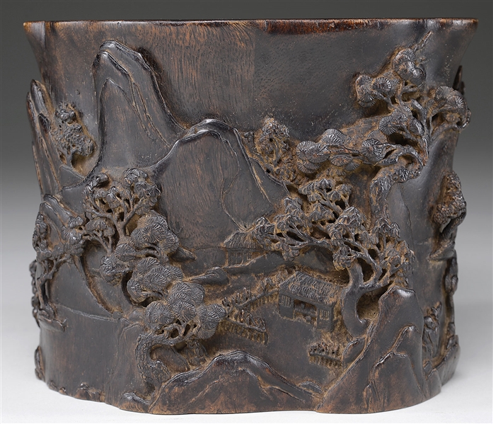 CHENLIANG WOOD CARVED BRUSH POT                                                                                                                                                                         