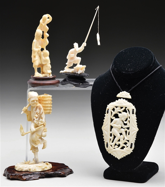 3 IVORY FIGURAL CARVINGS T/W PENDANT                                                                                                                                                                    