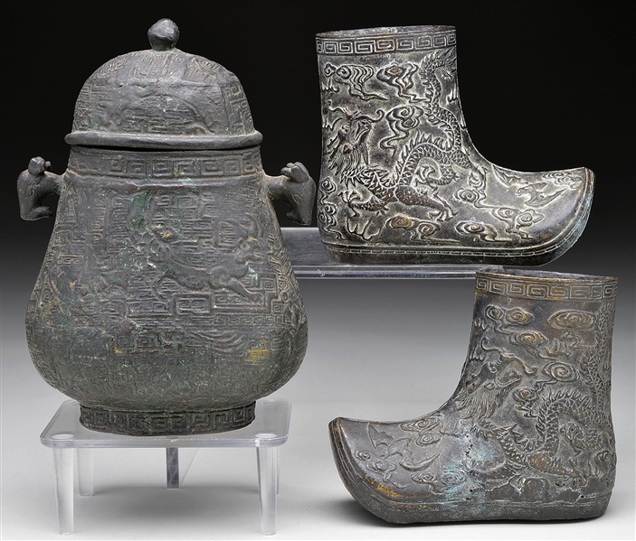 THREE BRONZES (PR BOOTS, COVERED JAR)                                                                                                                                                                   