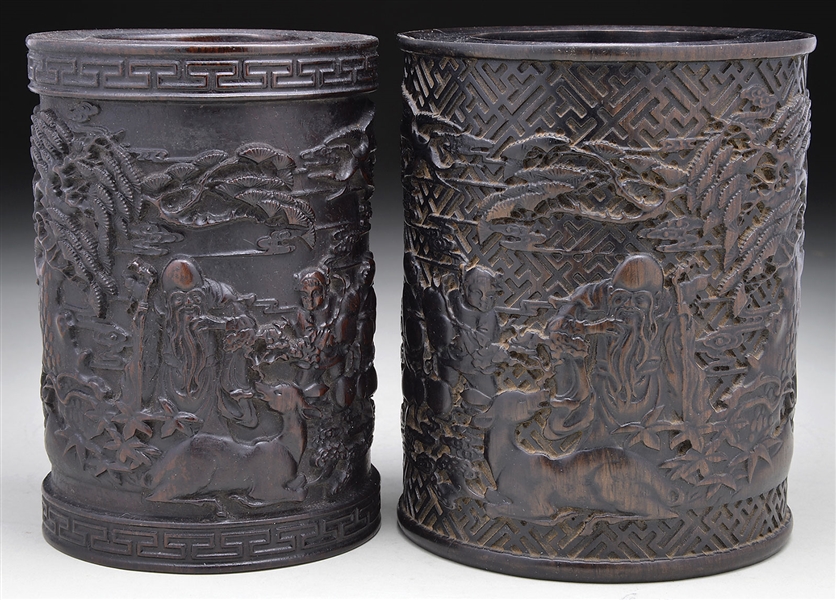 TWO CHINESE ZITAN WOOD BRUSH POTS                                                                                                                                                                       