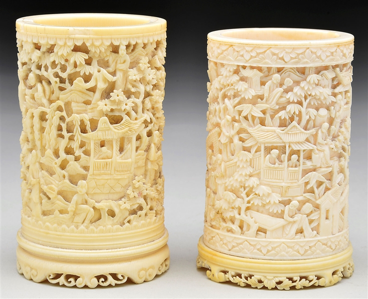 TWO CARVED ITORY BRUSH POTS                                                                                                                                                                             