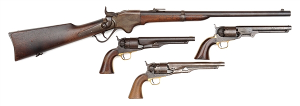 LOT OF 4 GUNS - 3 COLTS & 1 SPENCER RIFLE                                                                                                                                                               