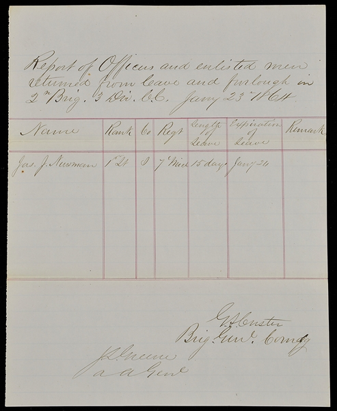 CUSTER SIGNED 7TH MICHIGAN DOCUMENT                                                                                                                                                                     