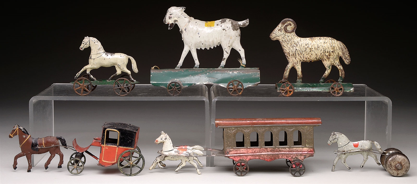5 EARLY AMERICAN TIN TOYS & FRENCH CARRIAGE                                                                                                                                                             
