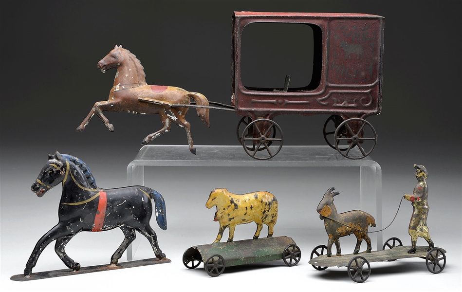4 EARLY AMERICAN TIN TOYS INCL BELL TOY                                                                                                                                                                 
