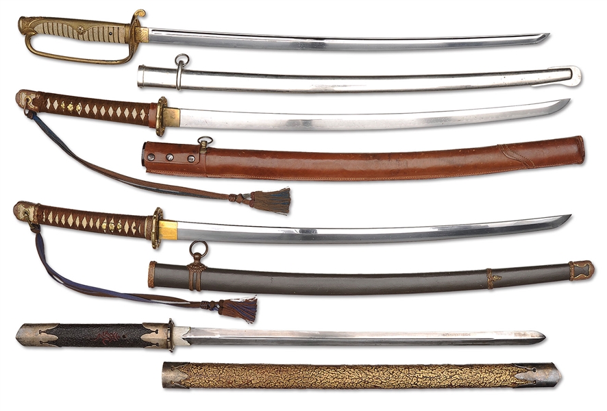4 JAPANESE (WWII) & 1 CHINESE SWORD                                                                                                                                                                     