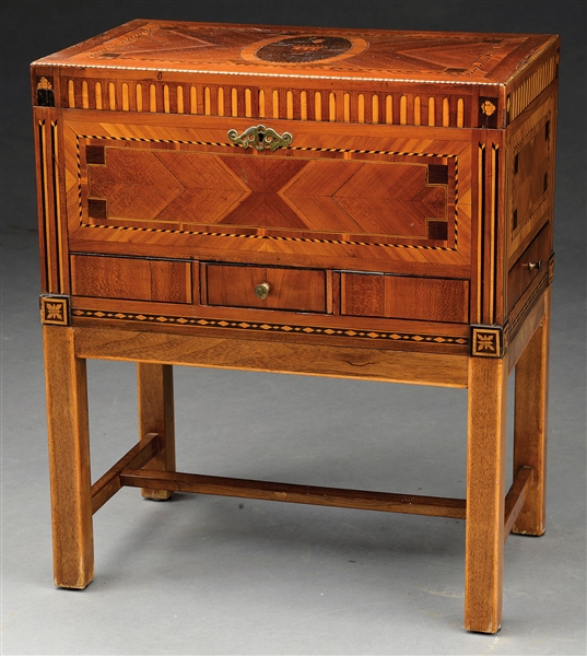 ITALIAN INLAID SEWING BOX ON STAND                                                                                                                                                                      